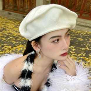 宅女同款白色帽子英伦风针织薄款毛线贝雷帽女画家帽甜美显脸小