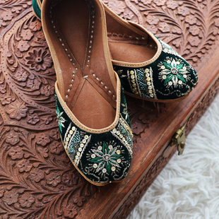 舒适透气软底包头单鞋 民族风墨绿色丝绒细腻刺绣波斯风格 绿妖