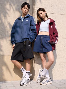 Adidas阿迪达斯三叶草红色外套女新款男款韩版三条纹运动连帽上衣