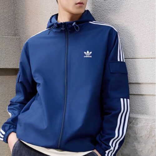 正品adidas阿迪达斯三叶草袖上条纹连帽运动速干夹克外套男KV8850