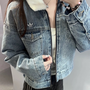 阿迪达斯三叶草女款2026冬新款复古毛领保暖牛仔棉服外套KC2626