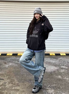 Adidas阿迪达斯三叶草男女卫衣纯棉运动宽松连帽套头衫正品IU2373