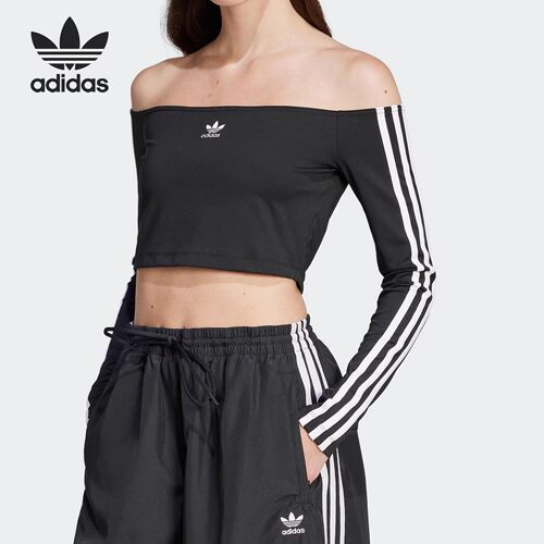 Adidas三叶草 女子运动休闲潮流一字肩短款长袖T恤 JD0274 JD0275