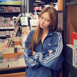 Adidas阿迪达斯三叶草大童牛仔外套复古潮流半拉链立领上衣JC7878