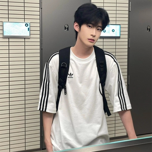 Adidas阿迪达斯三叶草韩版三条纹宽松短袖男女宽松潮流T恤IZ2474