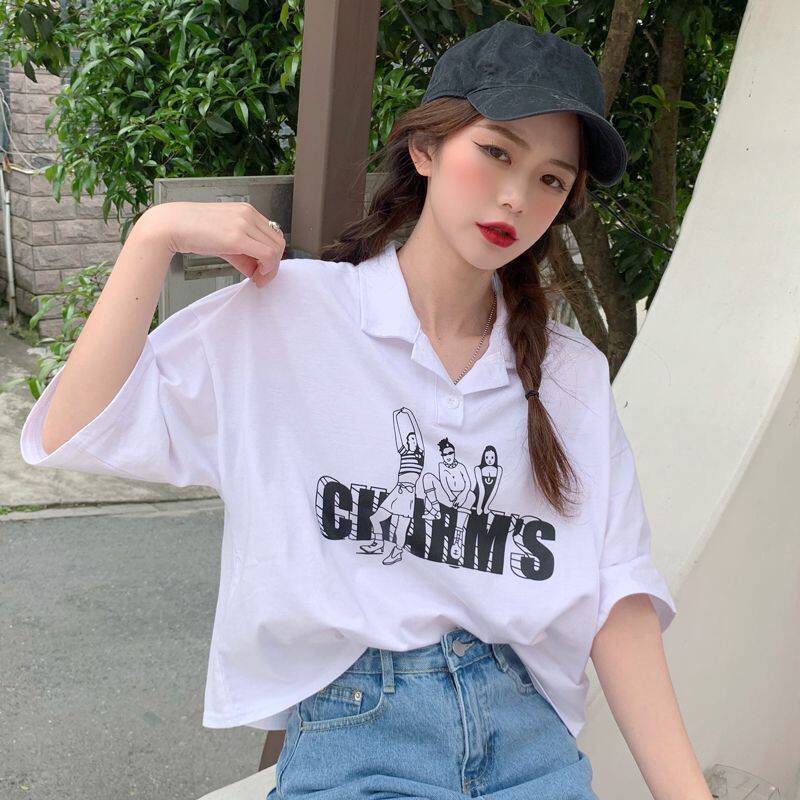 五分中袖美式薄POLO领宽松T恤女