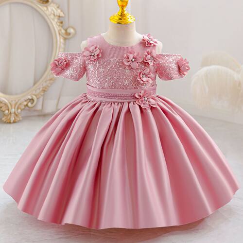 新款批发女连衣裙蓬蓬婚纱缎布花朵演出女童礼服公主裙kid dress