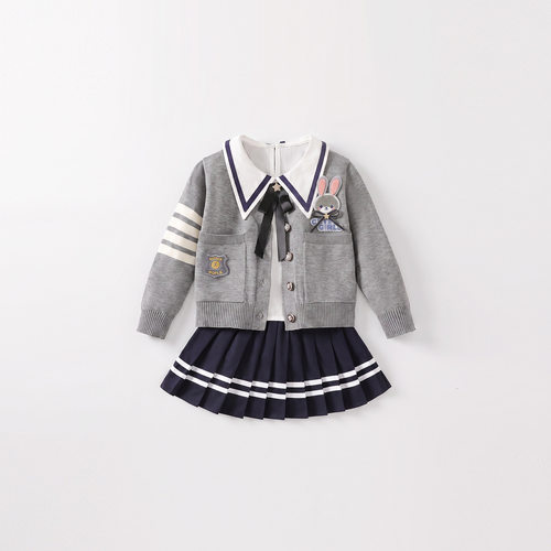 女童秋装2026新款三件套毛衣套装jk学院风兔子警官衣服女孩裙子秋