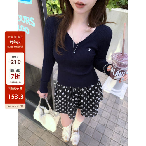 【秋冬7折】 miu系女生 100天丝天使刺绣针织衫女修身v领长袖上衣