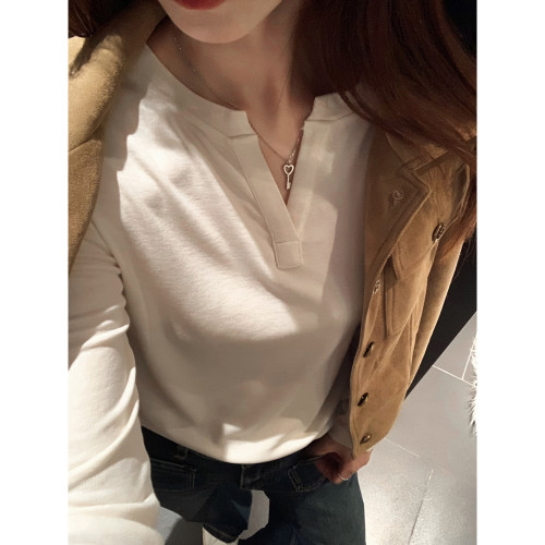 【现货】小正肩200g醋酸羊毛V领长袖T恤女秋季修身百搭打底上衣