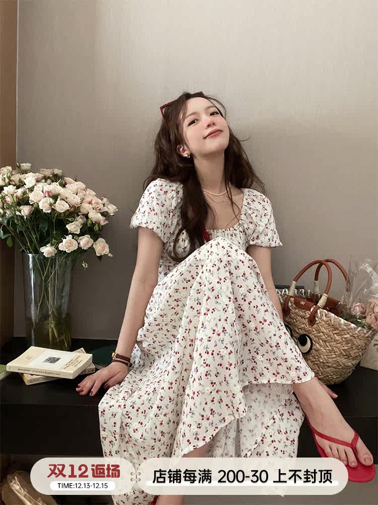 TMH STUDIO Baroque Summer Floral Embroidery Dress Women's Summer One-Line Collar French Hepburn Style Skirt