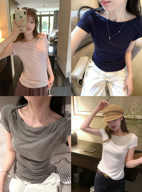 TMHSTUDIO空调感 莱赛尔汉麻船领短袖T恤女夏修身型休闲百搭上衣