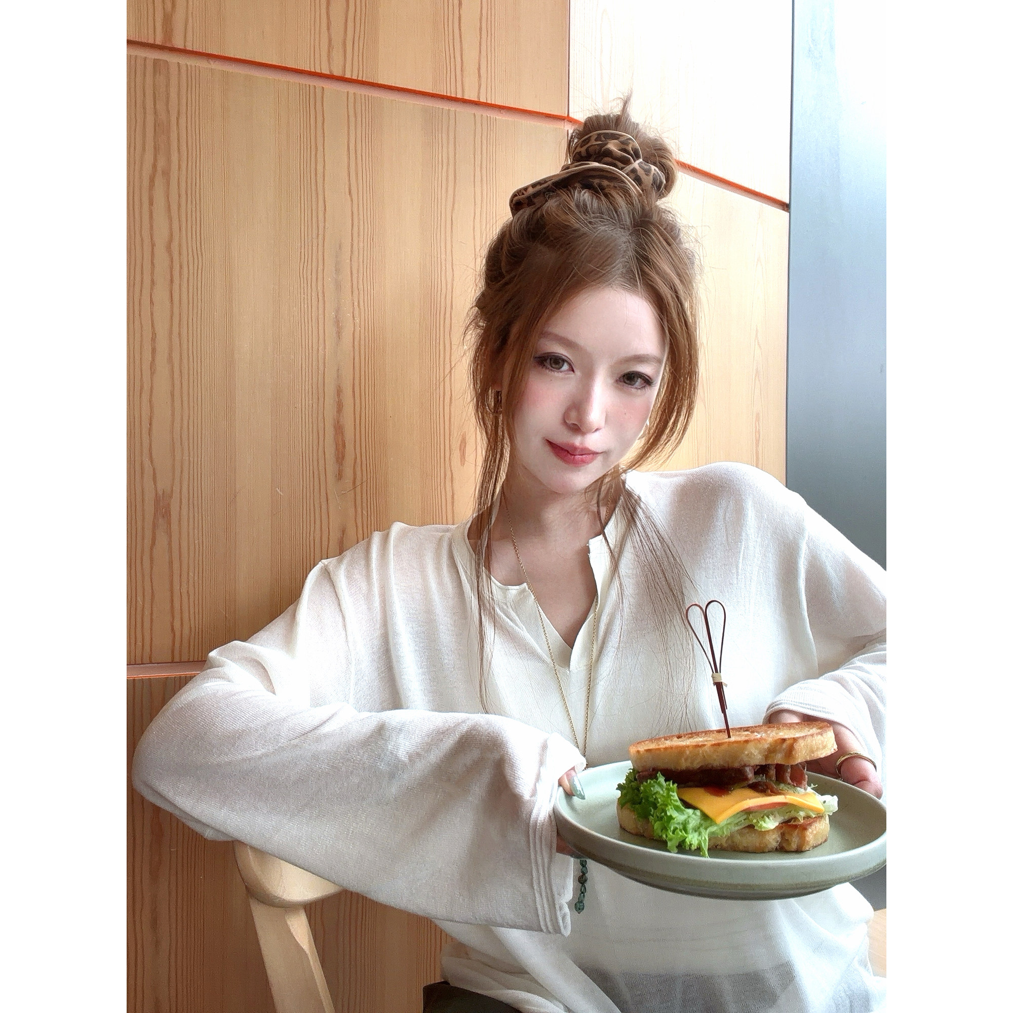 TMHSTUDIO法式莱赛尔亚麻剪刀领长袖针织衫女慵懒百搭防晒T恤上衣