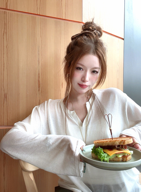 TMHSTUDIO法式莱赛尔亚麻剪刀领长袖针织衫女慵懒百搭防晒T恤上衣