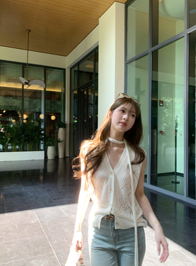 【现货】莱赛尔亚麻镂空马甲女夏设计感配围脖无袖针织背心上衣