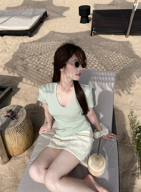 TMHSTUDIO薄荷冰美式 莱赛尔天丝U领面膜短袖T恤女夏休闲半袖上衣
