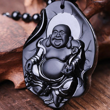 宝悟大师开光黑曜石大肚佛菩萨吊坠本命佛守护神磨砂工艺