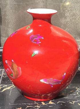 景德镇陶瓷器花瓶金边金丝红色白色年年有鱼余荷花鱼客厅中式摆件