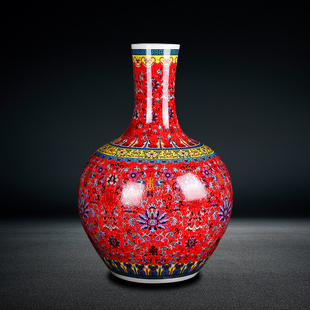 景德镇陶瓷仿古珐琅彩金红色花瓶福寿落地大号天球瓶中式家居摆件