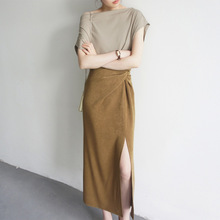 JOJOZ 芥末雾面质感交叉设计高腰侧开衩过膝半身裙气质时髦女