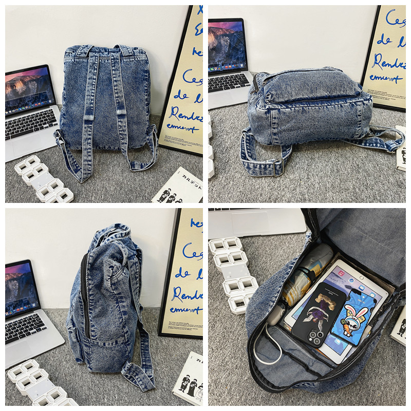 HIGH-QUALITY WASHED DENIM BACKPACK BAG 2023 NEW FASHION BACKPACK HONG KONG STYLE NICHE RETRO STUDENT SCHOOL BAG