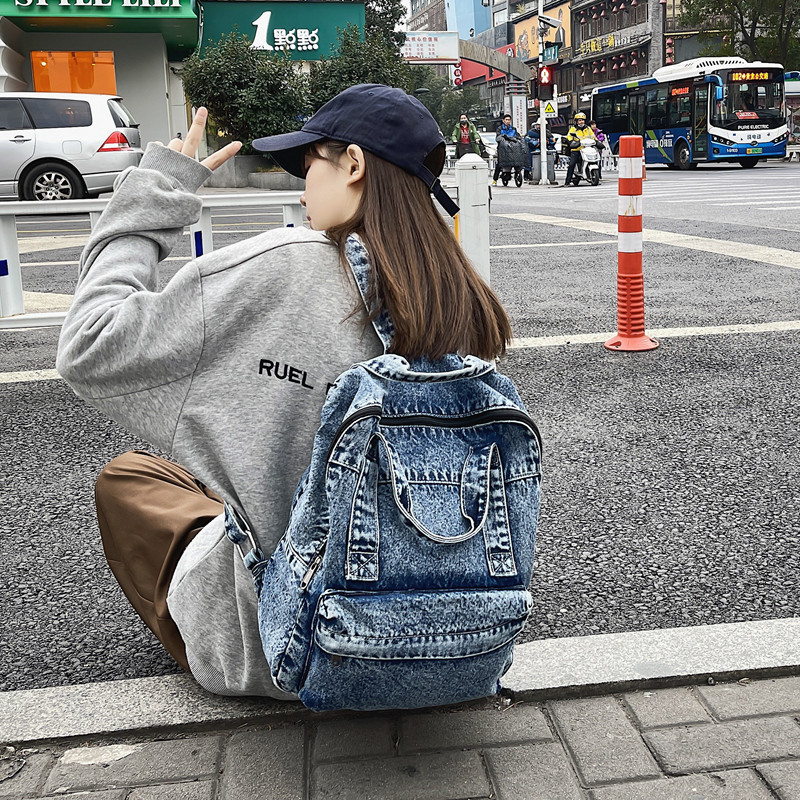 HIGH-QUALITY WASHED DENIM BACKPACK BAG 2023 NEW FASHION BACKPACK HONG KONG STYLE NICHE RETRO STUDENT SCHOOL BAG