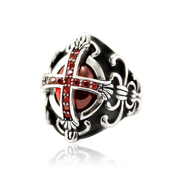 吸血鬼血色十字架红石钛钢戒指男女指环日韩时尚潮流复古霸气饰品