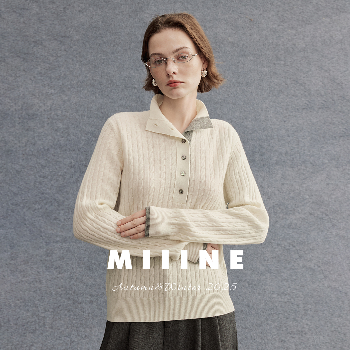 Miiine100%绵羊毛亨利领毛衣 绞花复古撞色袖口知识分子风针织衫