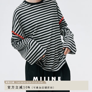爆款 Miiine经典 设计感圆领上衣女2024新款 条纹长袖 t恤女宽松