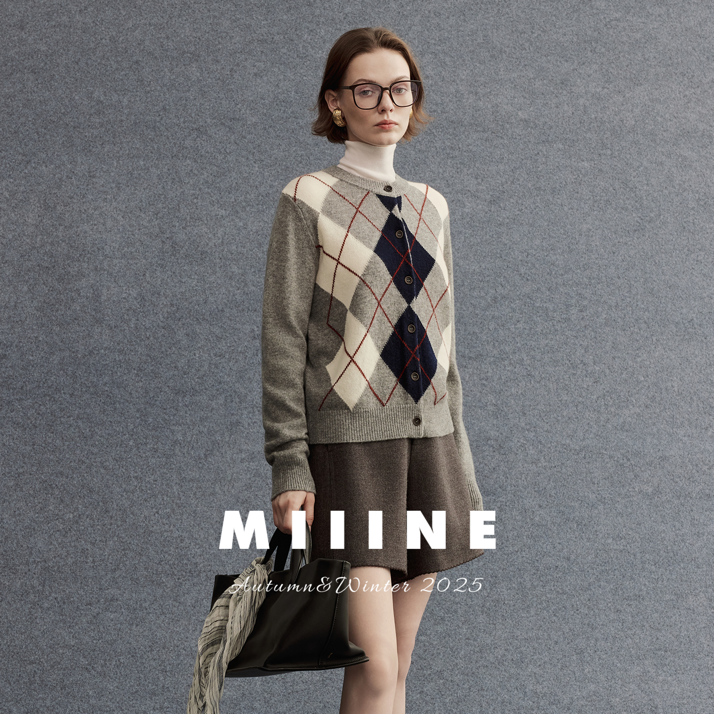 Miiine澳洲美利奴羊毛格纹开衫