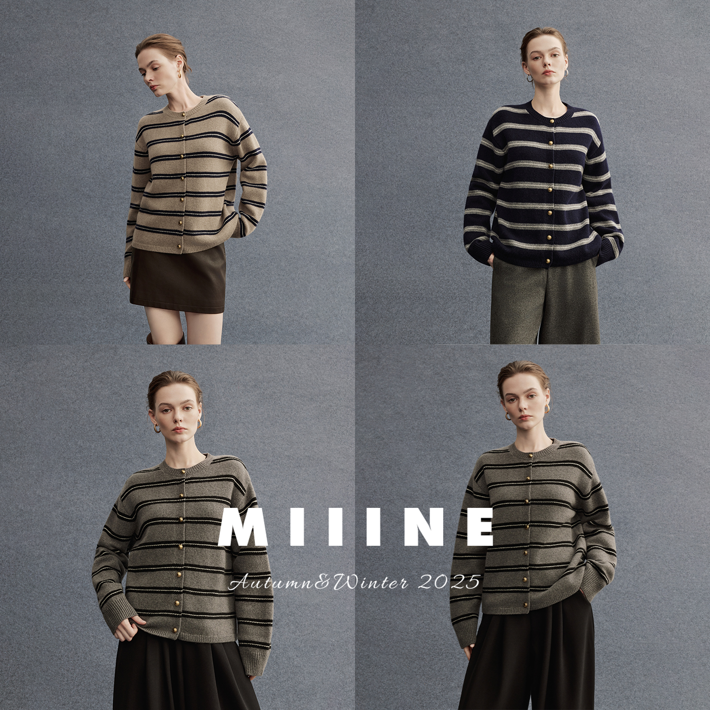 Miiine条纹全羊毛开衫 miu系宽松慵懒风软糯简约套头针织毛衣