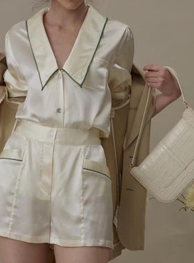 NJP 珍珠白法式刺绣尖领60支兰精天丝短袖短裤套装