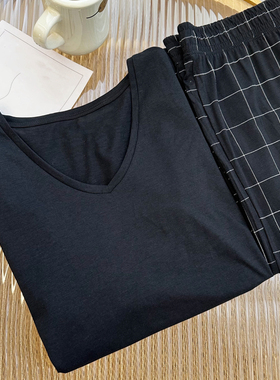 QB黑底格纹长裤长袖睡衣V领休闲外穿家居服套装NK47281