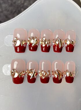 过新年战甲纯手工穿戴美甲光疗猫眼爆闪温柔极光钻香槟法式假指甲
