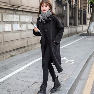 韩国 chic 韩版宽松中长款毛呢大衣女 气质过膝毛呢外套秋冬