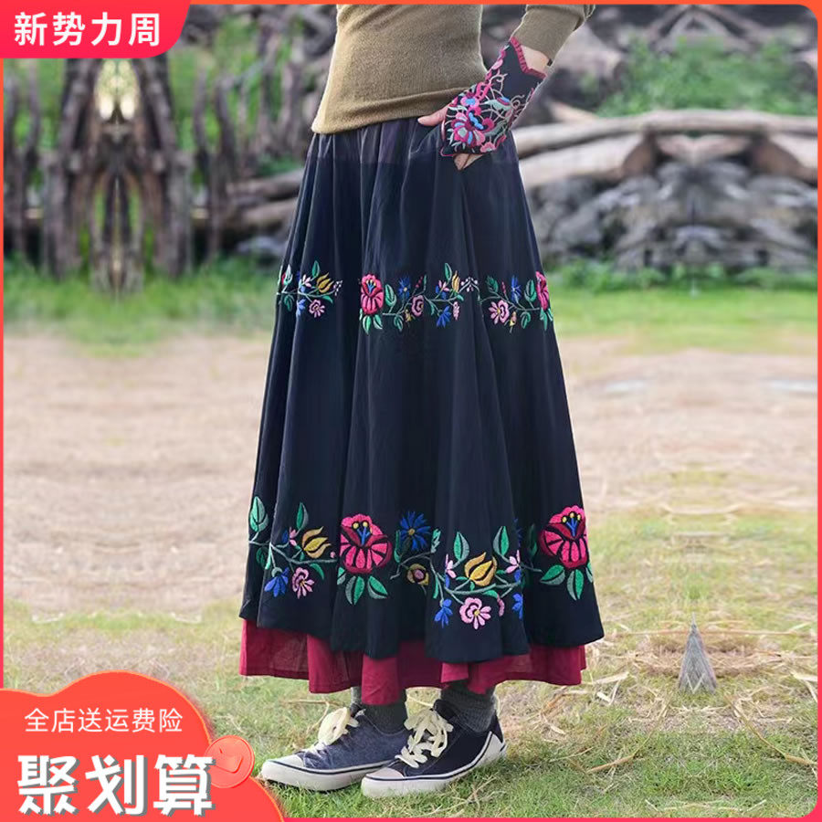 2024唱游重工绣花纯棉大摆裙 松紧腰民族风撞色荷叶边长裙 缇雅