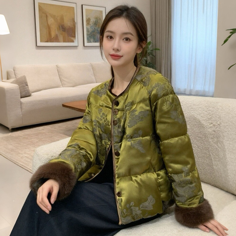 水貂毛袖口+真丝老缎~新中式90白鹅绒服女冬季国风短款羽绒服外套,女装/女士精品,羽绒服,淘宝优惠券,粉丝福利购,淘宝优惠卷