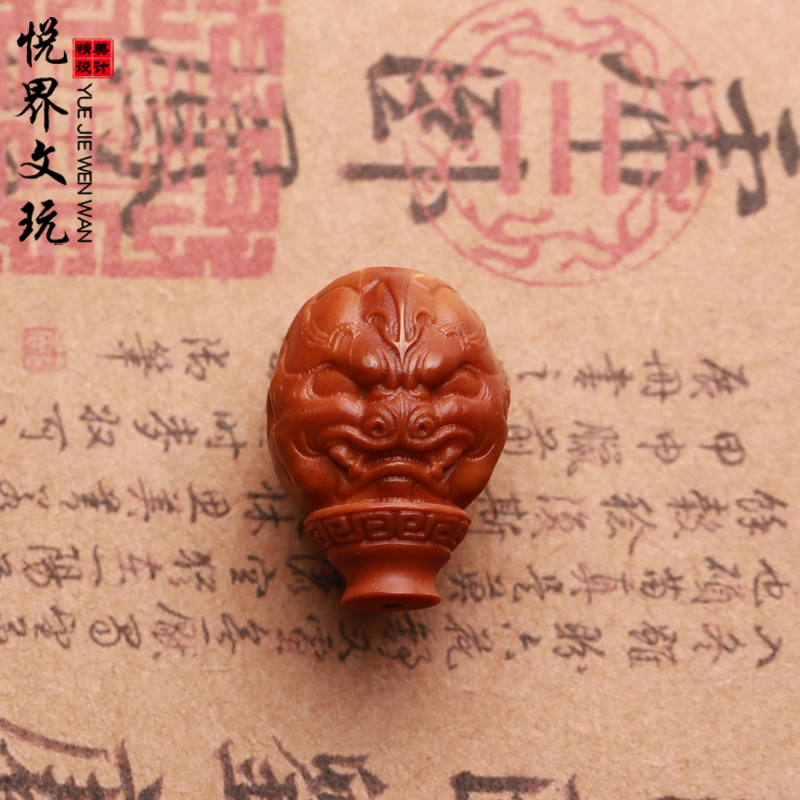 橄榄核雕兽面三通老油胡雕刻佛珠手链手串配饰配件文玩把玩单籽