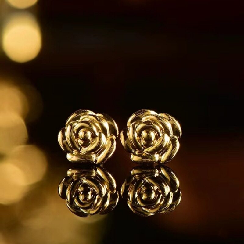 18K金玫瑰花耳钉 au750彩金小巧百搭轻奢风简约耳饰 水贝玫瑰金