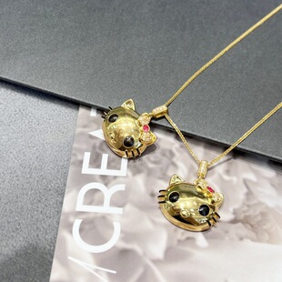 18K金Kitty猫吊坠au750黄金镶白贝母莫桑钻项链项饰 百搭亮面饰品