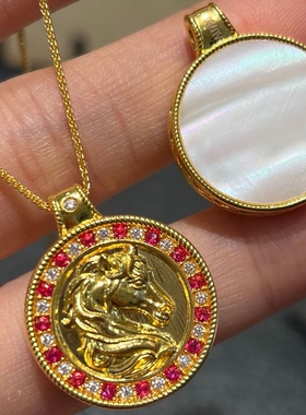 18k金马上成功罗盘吊坠au750彩金白贝莫桑高级感项链轻奢小众设计