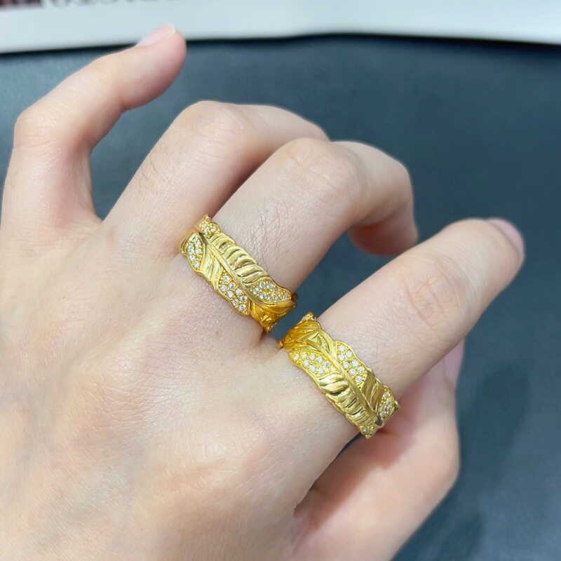 通体18K金拉丝羽爱戒指镶莫桑 黄金羽毛轻奢女戒直播货源水贝批发