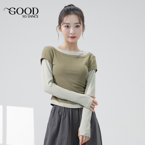 现代舞假两件撞色拼接成人练功服