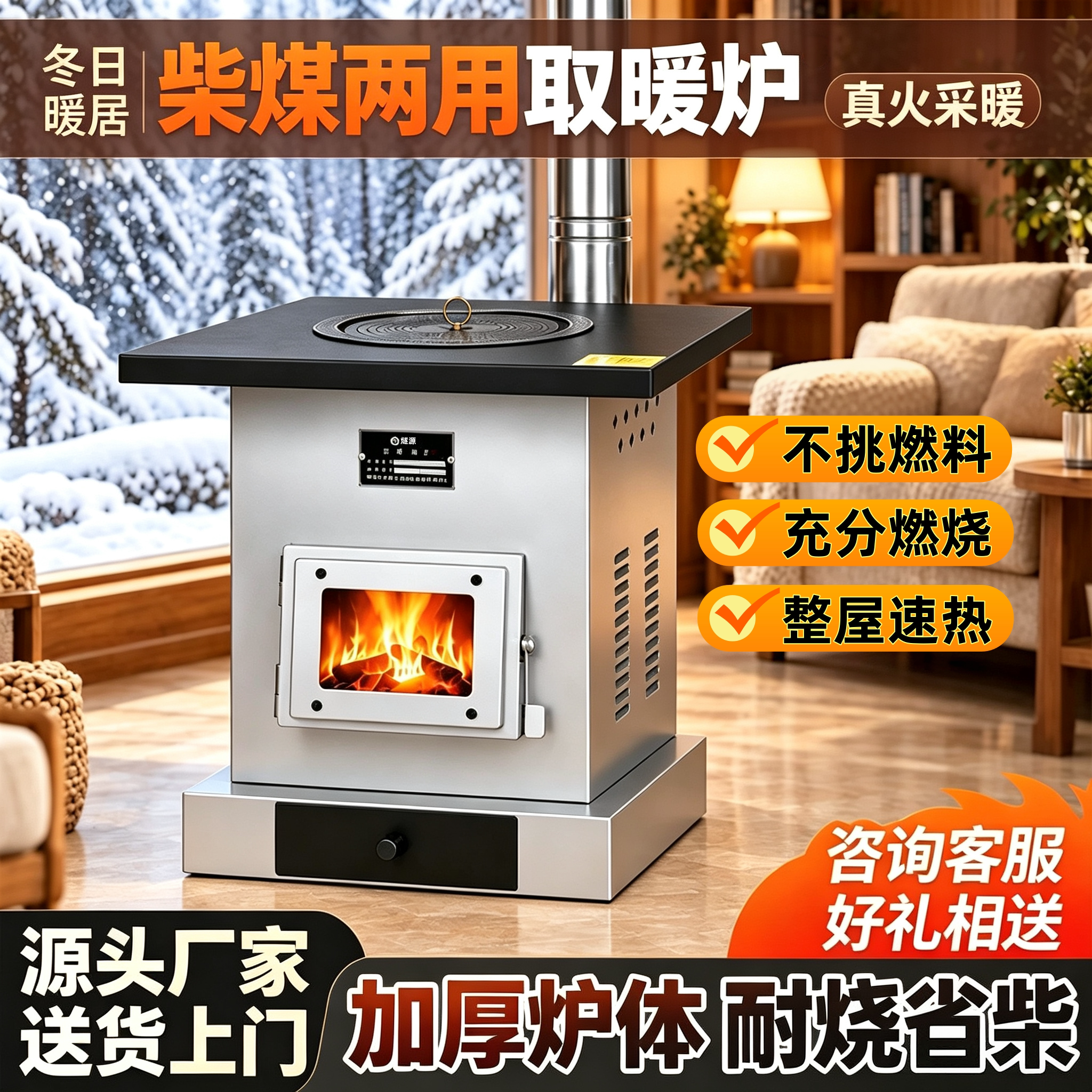 无烟室内取暖柴火炉子可移动灶台
