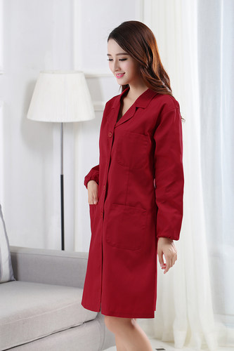 酒红色大褂工作服罩衣长款女