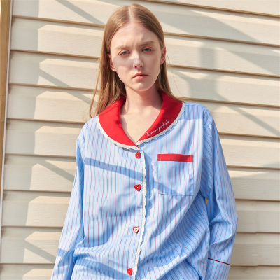 ELFU 心动信号2024新款睡衣女春夏季薄款法式宽松条纹家居服春款