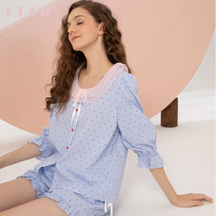 2024新款 套装 春款 复古蕾丝格子睡衣女春季 南特假日棉法式 ELFU