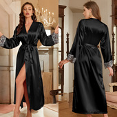 冰丝超长睡袍到脚踝性感蕾丝边长袖 黑色睡袍女仿真丝粉色浴袍大码