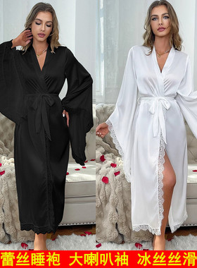 冰丝超长睡袍拼接大蕾丝白色新娘晨袍夏女仿真丝长袖黑色加长浴袍