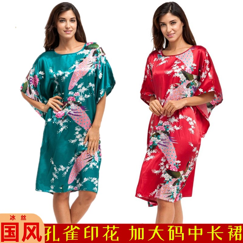 夏季欧美超大码仿真丝绸套头睡袍